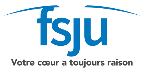 Logo du FSJU avec un texte bleu et une ligne courbe au-dessus des lettres, accompagné du slogan 'Votre cœur a toujours raison' en dessous.